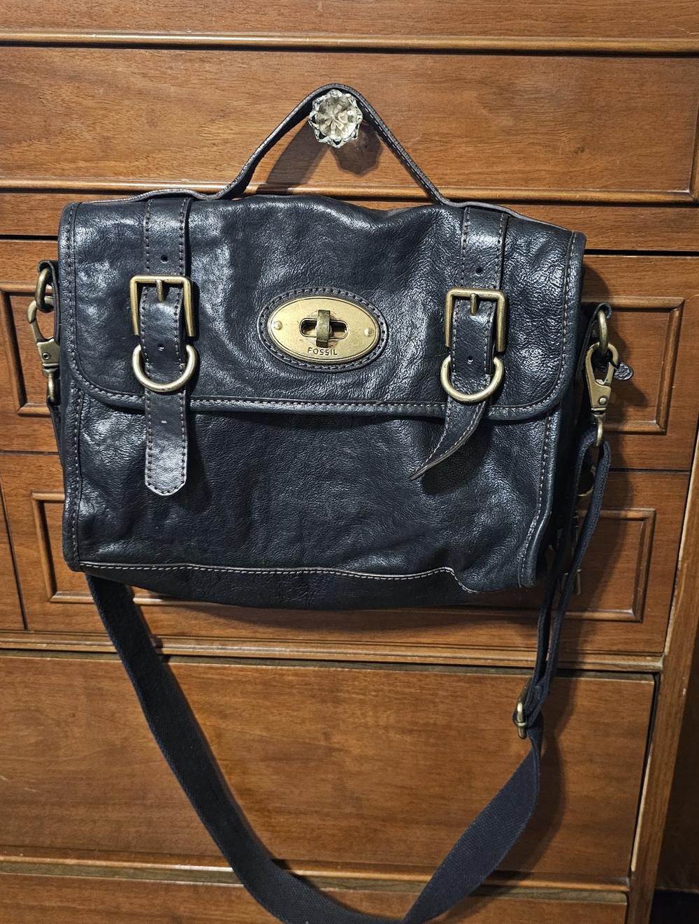 Fossil Black Leather Messenger Satchel with Brass Hardware